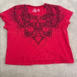Affliction Red Tee with Black Ornate Design